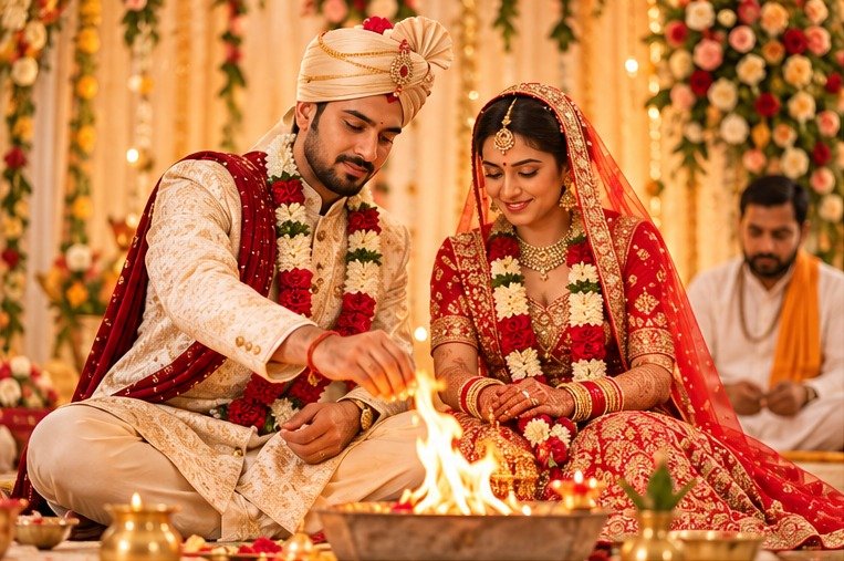 Bride and groom during a traditional Indian wedding ceremony